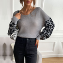 Womens V Neck Sweater With Leopard Print Sleeves - UK (United Kingdom)