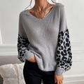 Womens V Neck Sweater With Leopard Print Sleeves - UK (United Kingdom)