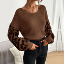 Womens V Neck Sweater With Leopard Print Sleeves - UK (United Kingdom)