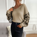 Womens V Neck Sweater With Leopard Print Sleeves - UK (United Kingdom)