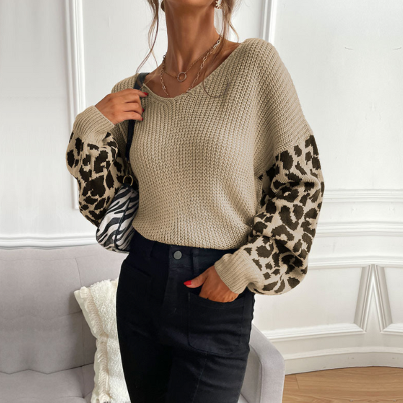 Womens V Neck Sweater With Leopard Print Sleeves - UK (United Kingdom)