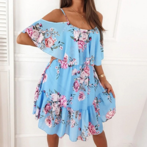 Women Cold Shoulder Ruffle Chiffon Beach Dress - UK (United Kingdom)