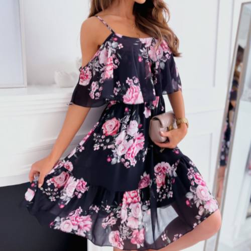 Women Cold Shoulder Ruffle Chiffon Beach Dress - UK (United Kingdom)