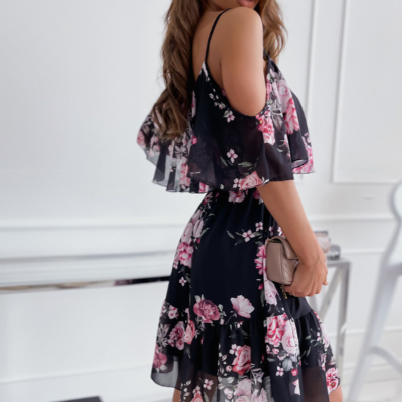 Women Cold Shoulder Ruffle Chiffon Beach Dress - UK (United Kingdom)