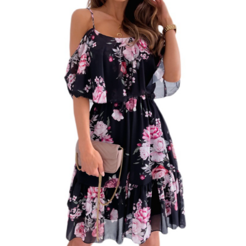 Women Cold Shoulder Ruffle Chiffon Beach Dress - UK (United Kingdom)