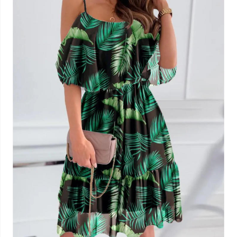 Women Cold Shoulder Ruffle Chiffon Beach Dress - UK (United Kingdom)