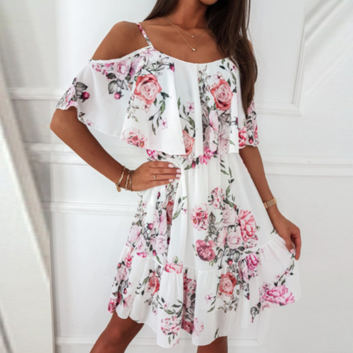 Women Cold Shoulder Ruffle Chiffon Beach Dress - UK (United Kingdom)