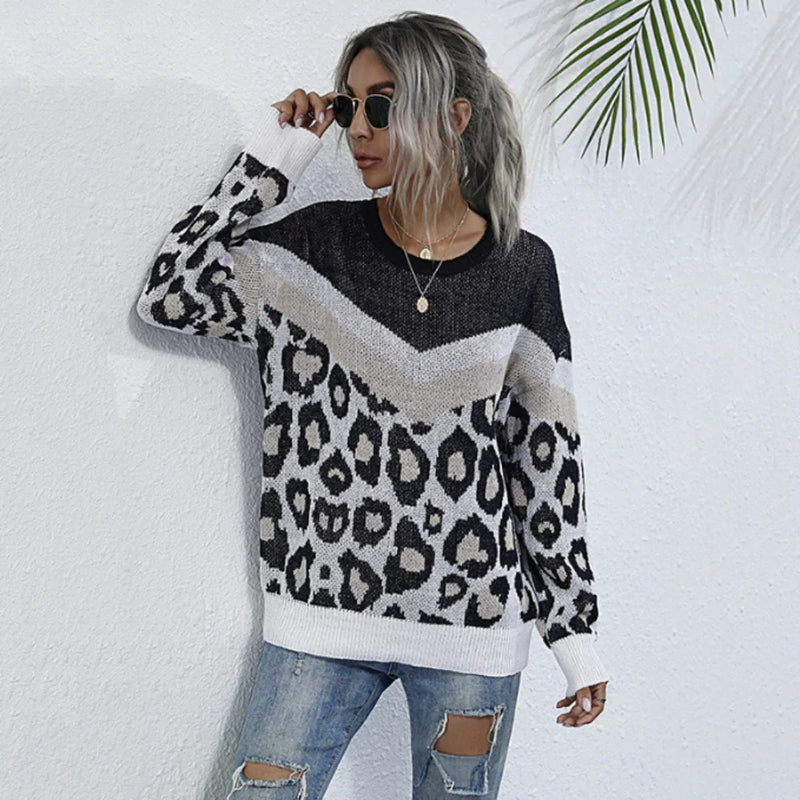 Womens Leopard Print Round Neck Sweater - UK (United Kingdom)