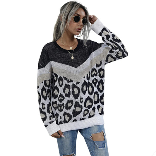 Womens Leopard Print Round Neck Sweater - UK (United Kingdom)