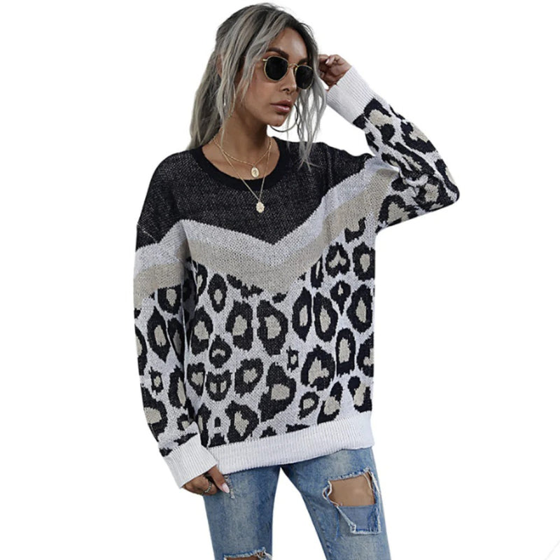 Womens Leopard Print Round Neck Sweater - UK (United Kingdom)