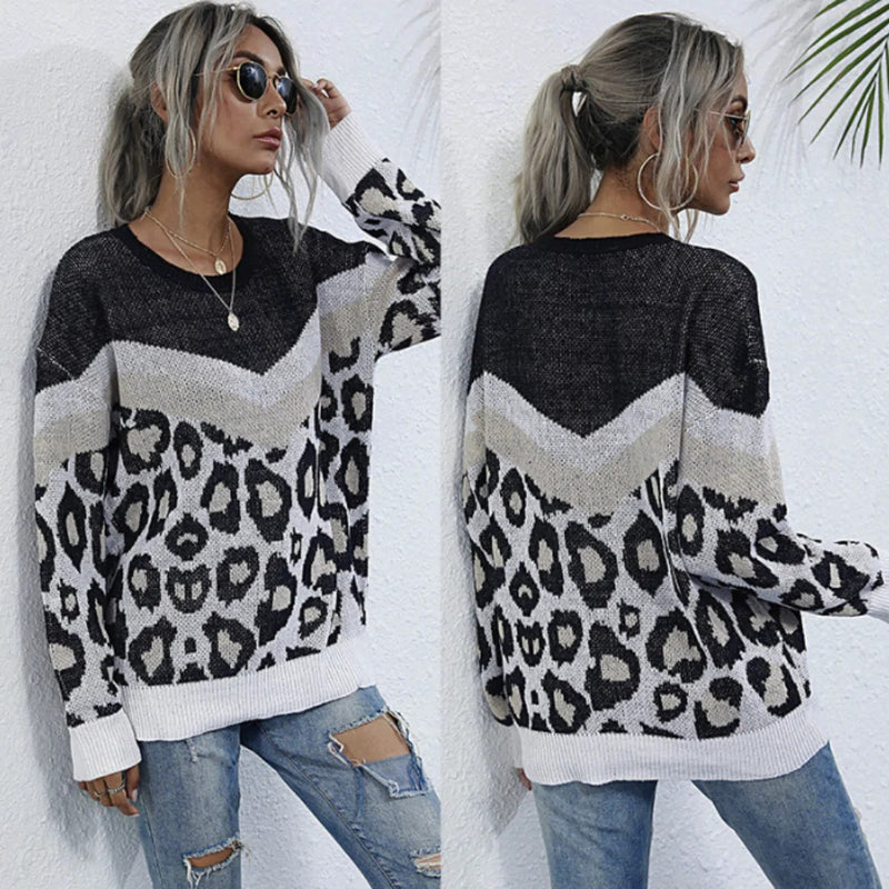 Womens Leopard Print Round Neck Sweater - UK (United Kingdom)